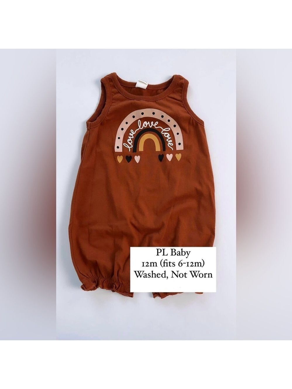 🩵 4/$20 PL Baby Burnt‎ Orange Romper with “Love” Rainbow Design